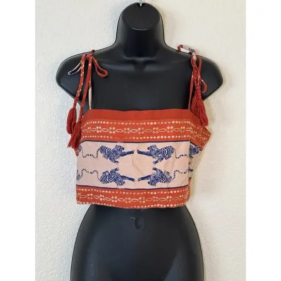 Caroline Constas Linen Blend Orange Blue Crop Top Tiger Print Medium - Picture 3 of 9